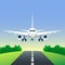 Airplane is landing or taking off on the runway. Plane in the sky and road among field. Meadow and forest. Travel