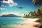 Airplane landing at tropical resort, plane flying above sea beach and jungle, generative AI