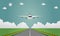 Airplane lands on airport on runway a plane landing or taking off. illustration