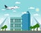 Airplane with landscape street city office buildings design. Airplane fly under modern city skyscrapers illustration concept.