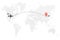 Airplane line path. Air plane flight route with start point and dash line trace. Plane icon over world map. Vector