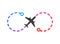 Airplane logo on color flight route from point A to point B vector illustration. Isolated simple plane on white background