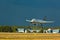 Airplane Lufthansa landing in a thunderstorm