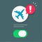 Airplane mode alert ui design vector or air plane interface switch warning notice flat cartoon, flight urgent info notification