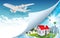 Airplane with nature landscape and buildings