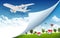 Airplane with nature landscape and houses