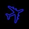 Airplane neon sign. Bright glowing symbol on a black background.