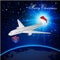 Airplane in night sky on earth with santa hat and gift box. Merry Christmas concept.
