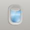 Airplane open window with view of the sky and sea realistic vector illustration.