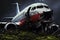 An airplane is parked on the grassy ground, surrounded by a serene and tranquil environment, The plane crashed to the ground, AI