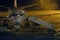 Airplane and passenger steps of the vehicle on the platform of the night airport