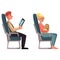 Airplane passengers - woman with baby and man reading tablet