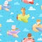 Airplane pattern. Animal kid characters in airplanes flying helicopter baby textile design vector seamless background