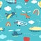 airplane pattern. balloons helicopters clouds and rainbow pictures. Vector cartoon seamless background for kids room