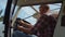 Airplane pilot checking control panel steering wheel before flight close up.