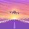 Airplane on pink background with sunset. A flying plane in sky. Landing illustration. Travel by airplane, private