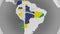 Airplane puzzle featuring flag of Brazil against the world map. Brazilian tourism conceptual 3D animation