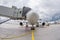 Airplane at the ramp airport terminal, wide viewing angle