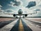 Airplane on runway at airport with dramatic cloudy sky. Travel concept Generative AI