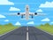 Airplane runway. Landing or taking off plane, passenger airplane in blue sky. Airport runway travel or vacation vector