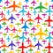 Airplane seamless background. Aircraft transportation colorful pattern template. Aviation vector repeatable texture.