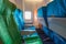 Airplane seat near windows in cabin of huge aircraft