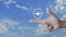 Airplane with shield icon on finger over blue sky with white clouds, Business travel insurance and safety concept