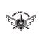 Airplane show. Retro airplane propeller on winged emblem. Design element for logo, label, emblem, sign.