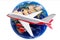 Airplane side view and Earth isolated on a white background 3D rendering illustration.Global transportation, worldwide travel and