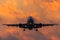 Airplane silhouette landing airport in the evening at sunset, the sky and picturesque clouds.