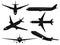 Airplane silhouettes. Passenger aircraft in different angles, flying plane top, side and front view. International