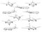 Airplane sketch, civil aviation aircraft icons