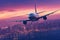 Airplane in the sky with cityscape background. 3d rendering, Airplane In Flight At Twilight With Blurred Cityscape, AI Generated