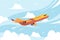 Airplane in sky. Flying civil aircraft transport in clouds vector flat background