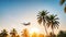 An airplane soaring over palm trees in a clear, sun-filled sunset sky