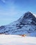 Airplane in Swiss Alpine mountain Mannlichen in winter