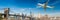 Airplane after take off with New York skyline. Travel concept