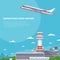 Airplane takeoff on runway in international airport. Tourism and air travel vector concept