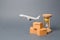 Airplane takes off behind the stack of cardboard boxes and a sand clock. concept of air cargo and parcels, airmail. Fast delivery