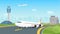 Airplane taking off from airport runway, passenger aircraft takeoff, landscape airfield