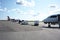 Airplane, tarmac, parking apron and terminal building of Yellowknife airport, Canada