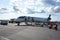 Airplane, tarmac, parking apron and terminal building of Yellowknife airport, Canada