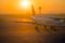 Airplane about to take of from an air port. Aircraft wing at the airport, morning sunrise