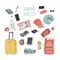 Airplane trip essentials. Traveling check list for carry-on bag for flight with passport and ticket, smartphone and