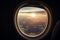 Airplane window sunset. Generate Ai