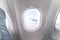 Airplane window view inside an aircraft. Window plane. Vacation