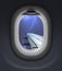 Airplane window view in storm with thunderbolt 3d illustration