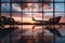 Airplane windows blurred bokeh and vibrant travel imagery in a bustling airport scene