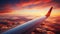 Airplane Wing Silhouetted in Sunset Hues. Generative AI