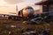 Airplane wreck on the ground in an abandoned airport at sunset. Generative AI